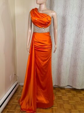 One-Shoulder Orange Evening Gown with Beaded Waist